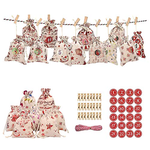 Tomaibaby 1 Juego de Bolsas de Calendario de Adviento Bolsa de Dulces Navideños Bolsas de Arpillera Lindas Bolsa de Regalo Bolsas con Cordón