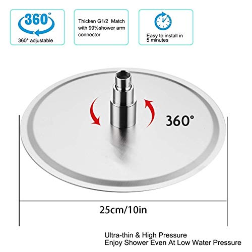 TONGXU Alcachofa de Ducha Redonda de Lluvia de Alta Presión Ultrafino Acero Inoxidable 304 Boquillas Autolimpiables Cromado para Baño 25cm