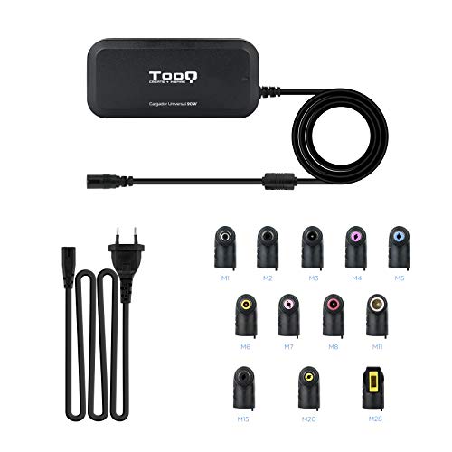 TooQ TQLC-90BS02AT - Cargador Universal automático de 90W para Ordenador portátil, Salida 2xUSB para Cargar Dispositivos, Incluye 12 Conectores Intercambiables DC, Multitensión, Negro