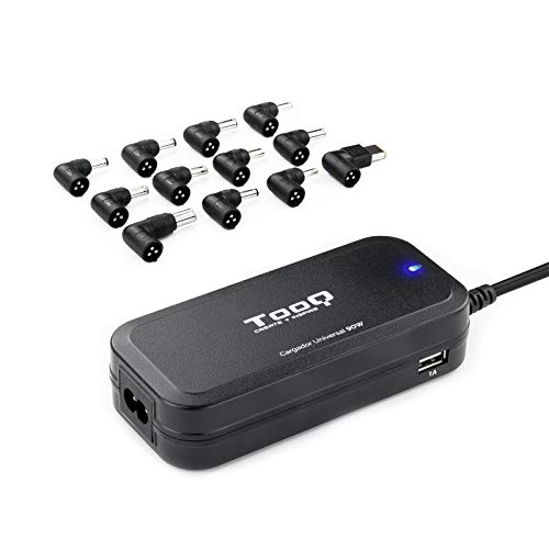 TooQ TQLC-90BS02AT - Cargador Universal automático de 90W para Ordenador portátil, Salida 2xUSB para Cargar Dispositivos, Incluye 12 Conectores Intercambiables DC, Multitensión, Negro