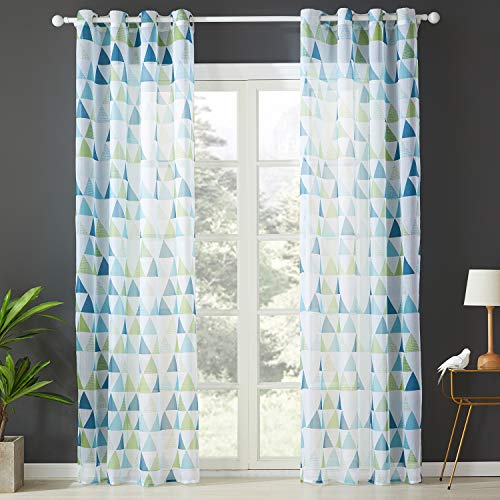 Topfinel Cortinas Estampado geometrico Translúcidas Visillos Paneles para Ventanas niños Habitaciones Gasa Salon Dormitorio Moderno con Verde Impresión de Ojetes,140 x 260cm 2 Pieza