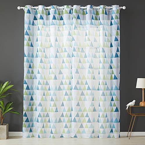 Topfinel Cortinas Estampado geometrico Translúcidas Visillos Paneles para Ventanas niños Habitaciones Gasa Salon Dormitorio Moderno con Verde Impresión de Ojetes,140 x 260cm 2 Pieza