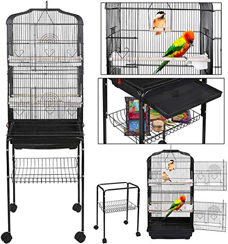 TOPYL 64''Grande Rodillo Jaula De Aves Hierro Parajado,Jaula para Cockatiel Sun Conure,Periquito Lovebird Medio Pet House con Rodillo Stand & Estante De Almacenamiento