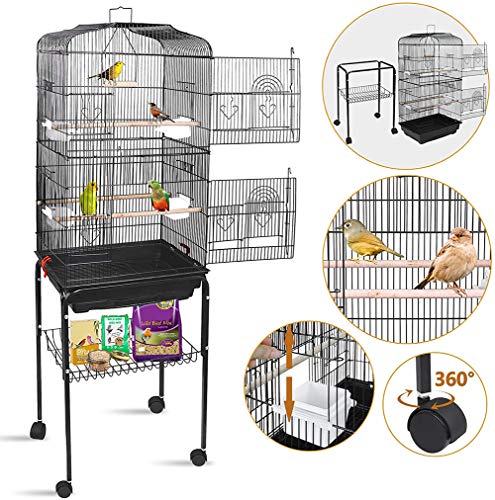 TOPYL 64''Grande Rodillo Jaula De Aves Hierro Parajado,Jaula para Cockatiel Sun Conure,Periquito Lovebird Medio Pet House con Rodillo Stand & Estante De Almacenamiento