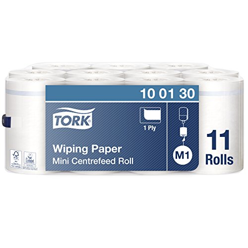 Tork 100130 Papel de secado Advanced de 1 capa compatible con el sistema de alimentación central pequeño M1, blanco, 11 rollos x 120m