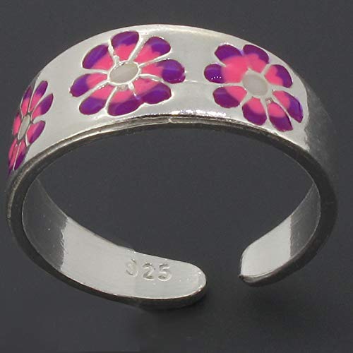 Touch Jewellery - Anillo para dedo de pie, plata de ley con esmalte rosa y morado, diseño floral