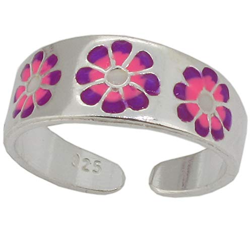 Touch Jewellery - Anillo para dedo de pie, plata de ley con esmalte rosa y morado, diseño floral