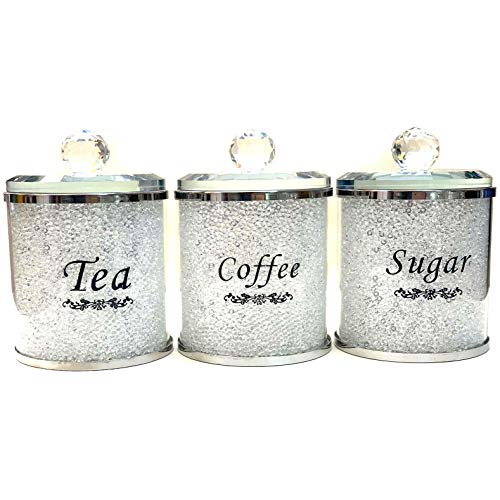 TOV® Tarros de almacenamiento para té, café y azúcar, diseño de diamantes, con adornos plateados y relleno de cristal