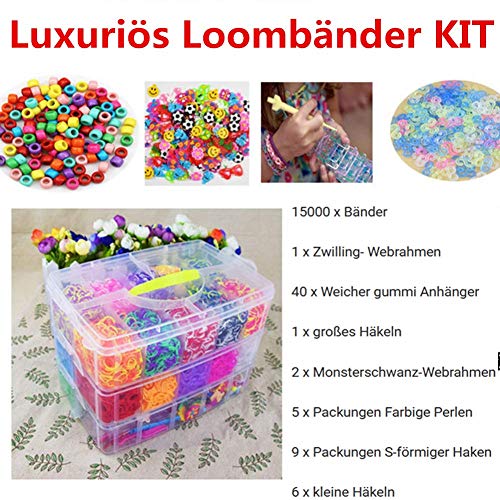 Towinle Gomitas para Hacer Pulseras, 15000 Cintas en Caja de Almacenamiento con 3 Capas con Marcos y Ganchos Rainbow Loom Bands Lujoso Set para Pulseras