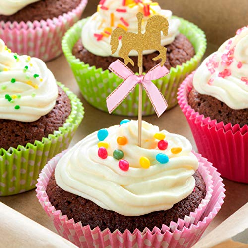 Toyandona - Juego de 20 adornos para tartas, diseño de carrusel, color dorado con purpurina, para cupcakes o tartas con lazo rosa