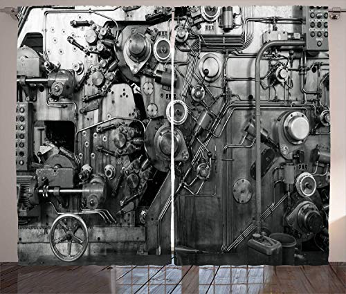 Tr674gs - Cortinas industriales (2 paneles), diseño moderno de la máquina oxidada en proceso de equipo físico, sala de estar, dormitorio, ventana, 2 paneles, 110 x 83 pulgadas, color negro y blanco