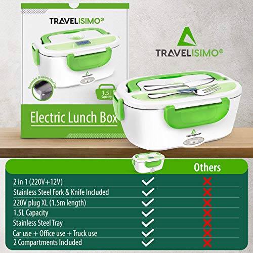 TRAVELISIMO Fiambrera Electrica 2 en 1 para Coche/Camión y Trabajo 220V & 12V 40W, Tartera Termo Comida Caliente Acero Inoxidable 1.5L, Taper con Tenedor Cuchillo Incluidos y 2 Compartimentos (Verde)