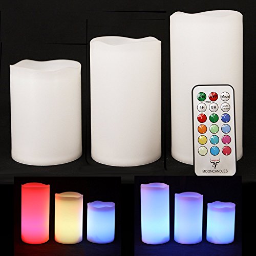 Tres velas de resina resistentes a la intemperie para el interior y el exterior con temporizador y control remoto y cambio de color, tamaño 10 cm / 12 cm / 14 cm Frostfire Mooncandles