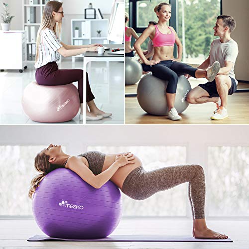 TRESKO® Pelota de Gimnasia Anti-Reventones | Bola de Yoga Pilates y Ejercicio | Balón para Sentarse | Balon de Ejercicio para Fitness | 300 kg | con Bomba de Aire | Gris | 75cm