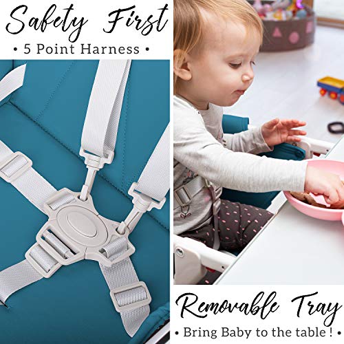 Trona para bebe, Compacta, Ajustable y Plegable - Trona Portatil Bebe con Bandeja extraíble sin BPA, Trona de Bebe con Cojin - Asiento de bebés para comer con Cinturon y Arnes de 5 puntos