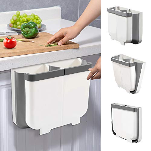 TTMOW Cubos de Basura Plegable Colgando 2 en 1 con 2 Compartimentos para Cocina, Sala, Dormitorio, Oficina, Baño, 13L (Blanco y Gris)