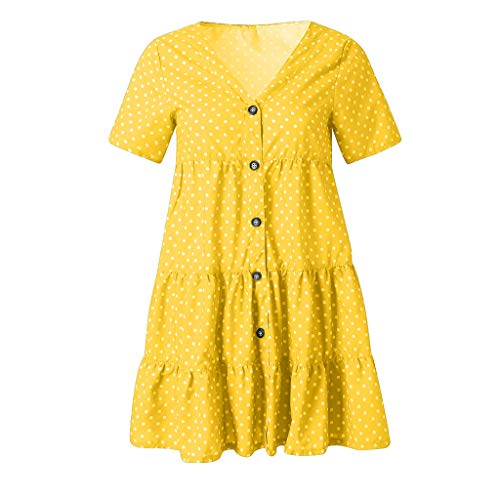 TUDUZ Mujer Vestido Manga Corta Verano Vestidos Lunares con Eslinga Vestido con Cuello en V Atractivo Vestido Suelto Casual Mini (Amarillo.a, L)