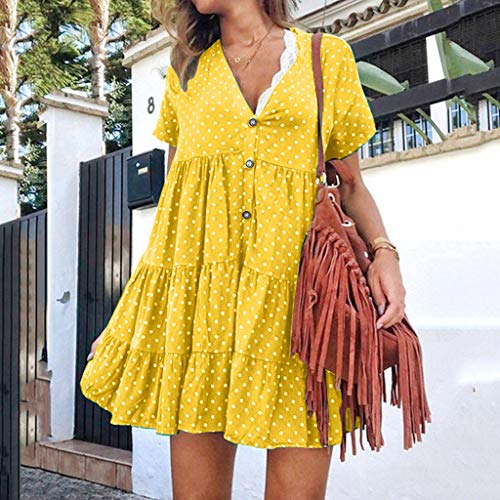 TUDUZ Mujer Vestido Manga Corta Verano Vestidos Lunares con Eslinga Vestido con Cuello en V Atractivo Vestido Suelto Casual Mini (Amarillo.a, L)