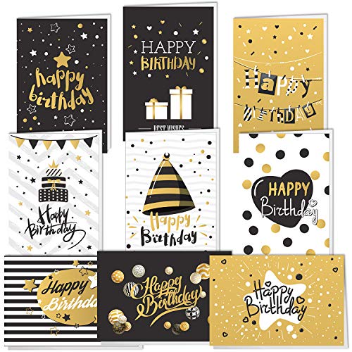 TUPARKA 18 PCS Tarjetas de feliz cumpleaños Tarjetas de felicitación doradas y negras con 18 sobres para hombres, mujeres