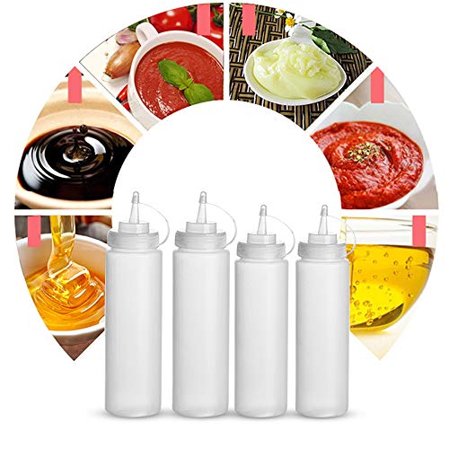 Tyelany Squeeze Botella, 4 Piezas Botellas de Condimentos con Tapas, Botella de Salsa de Ensalada, con Embudo Plegable de Silicona de 2 Piezas, para Mermelada, Picante, Mostaza, Oliva (240 ml, 360 ml)