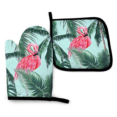 tyutrir Pink Flamingo Bird Oven Mitts and Pot Holders Set, Guantes de Horno avanzados Resistentes al Calor y Porta ollas de Cocina, Mitones de Cocina para cocinar