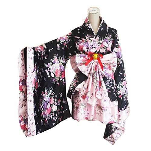 tzm2016 - Kimono japonés con diseño de flores de cerezo, Fibra de poliéster, negro, Medium