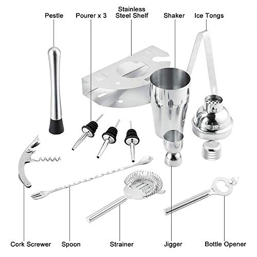 U-Home Cóctel 12 Piezas, Premium Conjunto Acero Inoxidable, Coctelera Profesional de Bartender en Caja de Regalo para Hombre: Jigger, Bebida Muddler, Cuchara de Mezclar y etc, Silver, Normal