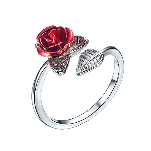 U7 Anillo Ajustable Mujer Anillo de Plata Tono diseño de Flor Rosa Regalo para Mujer