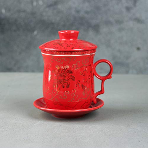 ufengke Jing Dezhen Taza De Té De Porcelana Taza De Té Hecha A Mano China, Conjunto De 4 Piezas Patrón De Crisantemo Dorado, Taza De Té con Filtro, para Regalo, La Familia Y La Oficina - Rojo 300 Ml