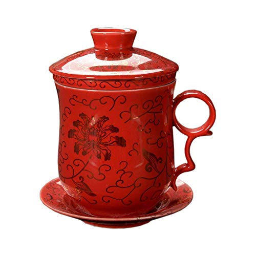 ufengke Jing Dezhen Taza De Té De Porcelana Taza De Té Hecha A Mano China, Conjunto De 4 Piezas Patrón De Crisantemo Dorado, Taza De Té con Filtro, para Regalo, La Familia Y La Oficina - Rojo 300 Ml