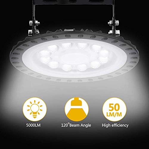 UFO LED Iluminación, WZTO 5000LM 50W Techo de Cristal 6000K-6500K Impermeable IP65, Brillante Iluminación Comercial Bahía Luces Almacén led Lámpara de Techo de Cristal- Garantía de 2 años