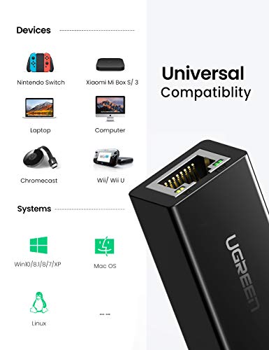 UGREEN Adaptador USB a Ethernet RJ45, Adaptador Tarjeta de Red LAN Ethernet 100Mbps a USB 2.0 para Nintendo Switch, XiaoMi Mi Box S, Mi Box 3, Macbook Pro, Macbook Air, Wii, WiiU, Chromecast (Negro)