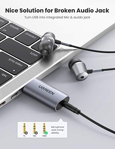 UGREEN Tarjeta de Sonido Externa USB, Adaptador de Audio External Sound Adapter con 3.5mm Jack para Micrófono, Altavoces y Auriculares, Compatible con Raspberry pi 3, PS4, Google Chromebook y Más.