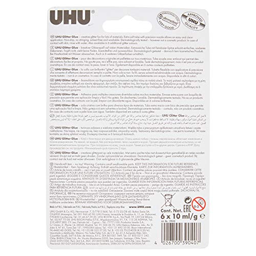 UHU Pegamento con Purpurina Brillante en la Oscuridad 6x10 ml Pack de 6 Tubos, Color multicolot, 10 ml (39017)