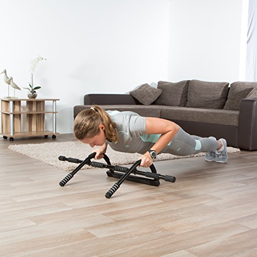 Ultrasport Barra de dominadas, barra fija para puerta, aparato multifunción para entrenar el tren superior en casa y en la oficina, pull up bar, flexiones, para diversos ejercicios, Negro