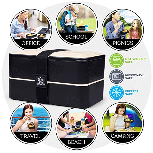 Umami® ⭐ Lunch Box Premium - 1 Recipiente 3 Cubiertos - Tupper Compartimentos Estilo Bento Box Japonés - Porta Alimentos Hermético - Sin Residuos – Microondas y Lavavajillas – Comida En Casa/Trabajo