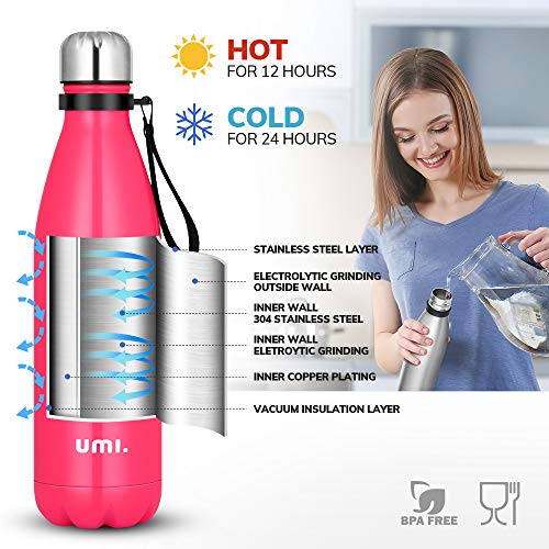 Umi. by Amazon - Botella Agua Acero Inoxidable, Termo 500ml, Sin BPA, Islamiento de Vacío de Doble Pared, Botellas Frío/Caliente, Reutilizable para Niños, Colegio, Sport, Bicicleta (Rosado)