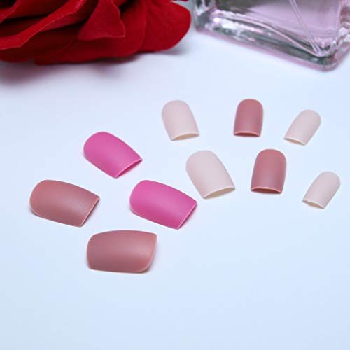 Uñas postizas Yienate de color rosa, 3 colores esmerilados, cabeza redonda, uñas francesas, cobertura completa, uñas postizas para mujeres y niñas, 24 unidades