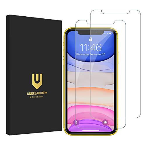 UNBREAKcable Protector Pantalla iPhone 11/XR 2 Pack, con Guía Marco, Series de Doble Defensa Premium Cristal Templado para iPhone 11/XR 6.1-Inch (2019)