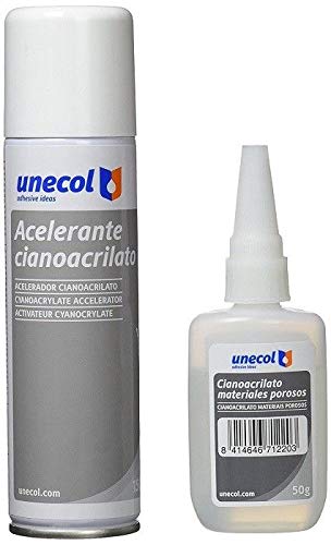 Unecol 7156 Kit accelerante Aerosol + cianoacrilato para materiales porosos (botella), 200 ml + 50 ml