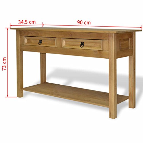 UnfadeMemory Mesa Consola Recibidor de Entrada,Mesa Alta Cocina,Mesa de Entrada,Mesa Auxiliar,con 2 Cajones y 1 Estante,Estilo Mexicano de Mobiliario Corona,Madera Maciza de Pino Encerada,90x34,5x73cm