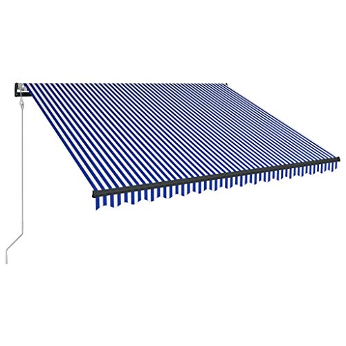 UnfadeMemory Toldo Retráctil para Ventana Balcon Patio Cafetería y Restaurant,con LED y Sensor de Viento,Estructura de Aluminio (350x250cm, Azul y Blanco)