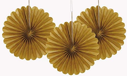 Unique Party- Paquete de 3 decoraciones abanicos pequeños de papel de seda, Color oro, 15 cm (63263)