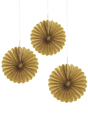 Unique Party- Paquete de 3 decoraciones abanicos pequeños de papel de seda, Color oro, 15 cm (63263)