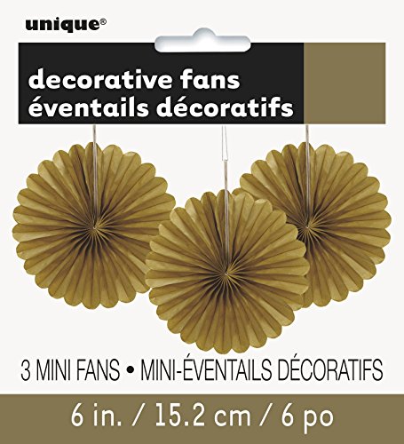 Unique Party- Paquete de 3 decoraciones abanicos pequeños de papel de seda, Color oro, 15 cm (63263)