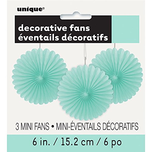 Unique Party- Paquete de 3 decoraciones abanicos pequeños de papel de seda, Color verde menta, 15 cm (63267)