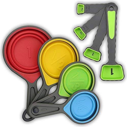 Uooker - Juego de tazas y cucharas medidoras, de silicona, apto para uso con alimentos, 8 unidades, para cocinar, hornear, hacer manualidades, apto para medir ingredientes secos y líquidos, sin BPA