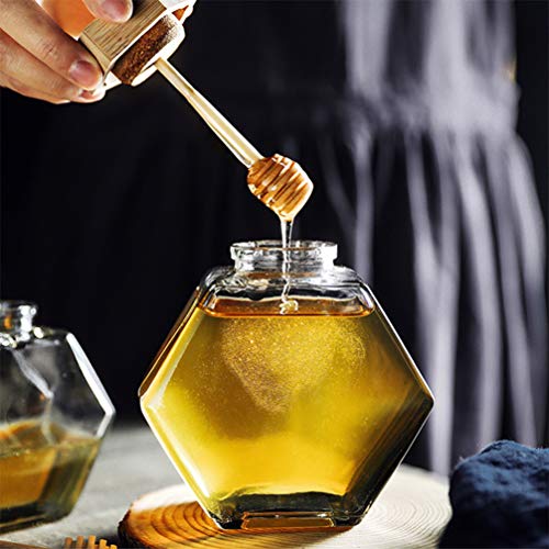 UPKOCH - Tarro de Cristal de Miel con Forma Hexagonal, Recipiente para Miel Jarabe con cucharón de Madera y Corcho para Cocina doméstica, 380 ml