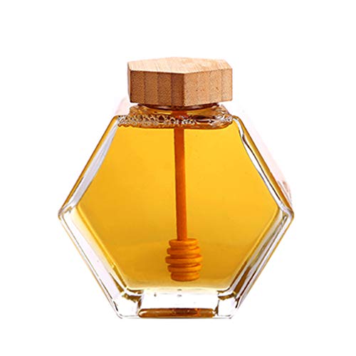 UPKOCH - Tarro de Cristal de Miel con Forma Hexagonal, Recipiente para Miel Jarabe con cucharón de Madera y Corcho para Cocina doméstica, 380 ml