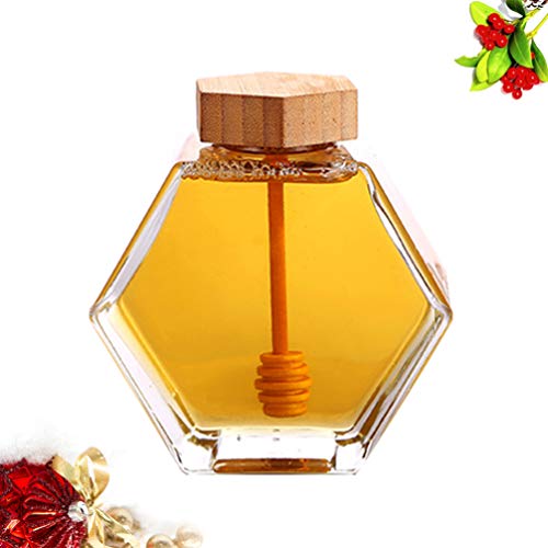 UPKOCH - Tarro de Cristal de Miel con Forma Hexagonal, Recipiente para Miel Jarabe con cucharón de Madera y Corcho para Cocina doméstica, 380 ml